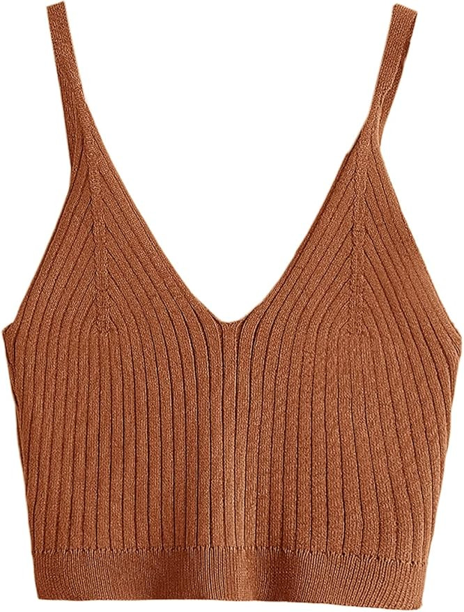 SweatyRocks Women's V Neck Crop Cami Top Ribbed Knit Spaghetti Strap Sleeveless Vest | Amazon (US)