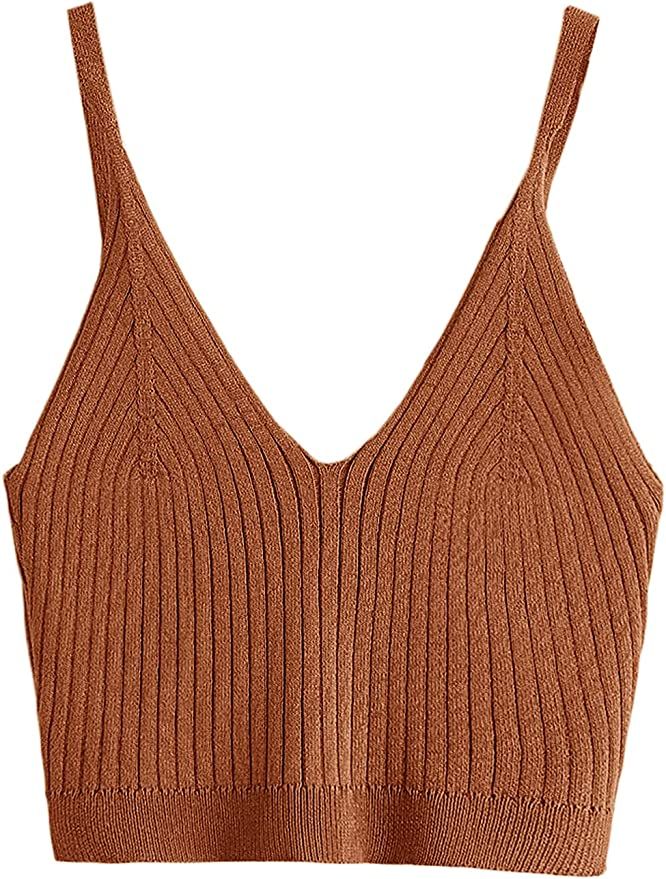 SweatyRocks Women's V Neck Crop Cami Top Ribbed Knit Spaghetti Strap Sleeveless Vest | Amazon (US)