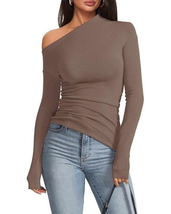 Women's Sexy Off Shoulder Tops Dressy Long Sleeve Asymmetrical Slim Fit Going Out Fall Blouse Ruc... | Amazon (US)
