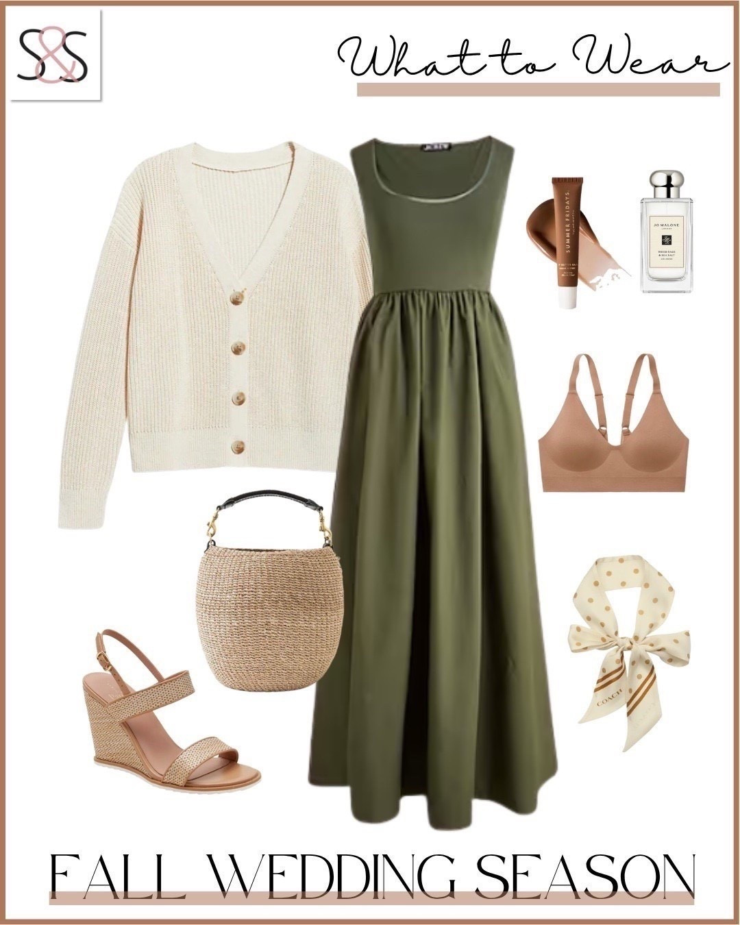 This fall wedding look blends effortless charm with cozy layers. A flowy olive maxi dress pairs with a soft cream cardigan and raffia accessories for an elevated seasonal feel. Wedges and a polka dot scarf keep it playful yet polished.

Sunsets and Stilettos fall wedding guest outfit olive maxi dress cream cardigan raffia bag neutral wedges fall event style



#LTKOver40 #LTKSeasonal #LTKWedding