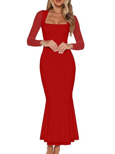 BORIFLORS Women's Ruched Bodycon Long Sleeve Maxi Dress Mesh Square Neck Cocktail Party Long Dresses, Medium, Red | Amazon (US)