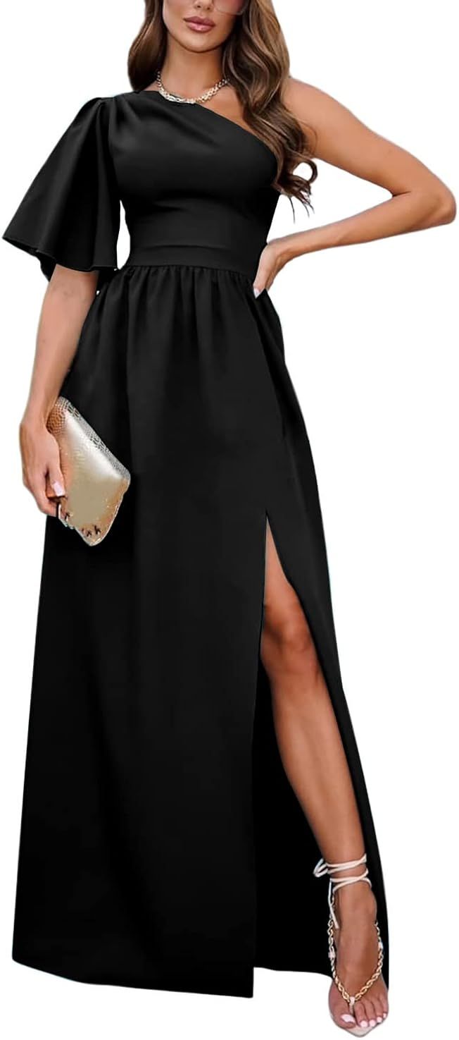 Rooscier Women's One Shoulder Ruffle Short Sleeve Split Side Formal Long Maxi Dress | Amazon (US)