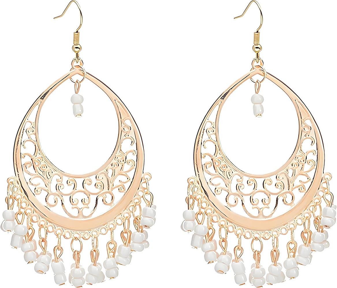 MALOYANVE Boho Beaded Earrings for Women Ethnic Handmade Gold Cut Out Geometric Round Dangle Chan... | Amazon (US)