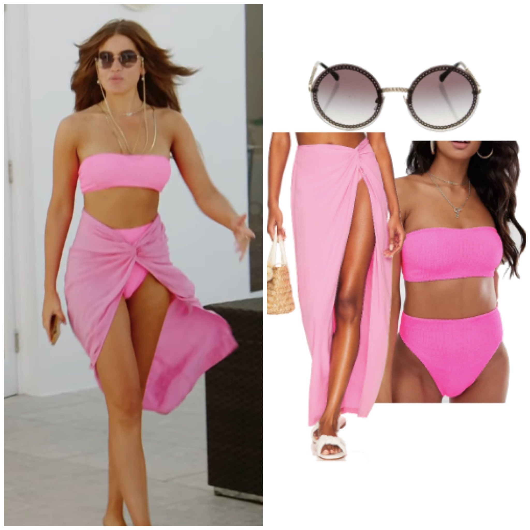 Brynn Whitfield’s Pink Cover Up Skirt, Pink Bikini and Round Chain Sunglasses 