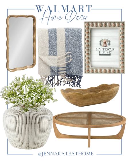 Beautiful coastal style home decor items from Walmart including gold scalloped mirror, lightweight blankets, picture frames, decorative scalloped wood bowls, round coffee table with rattan top, ceramic cases and artificial flowers. Home decor.

#LTKfamily #LTKhome