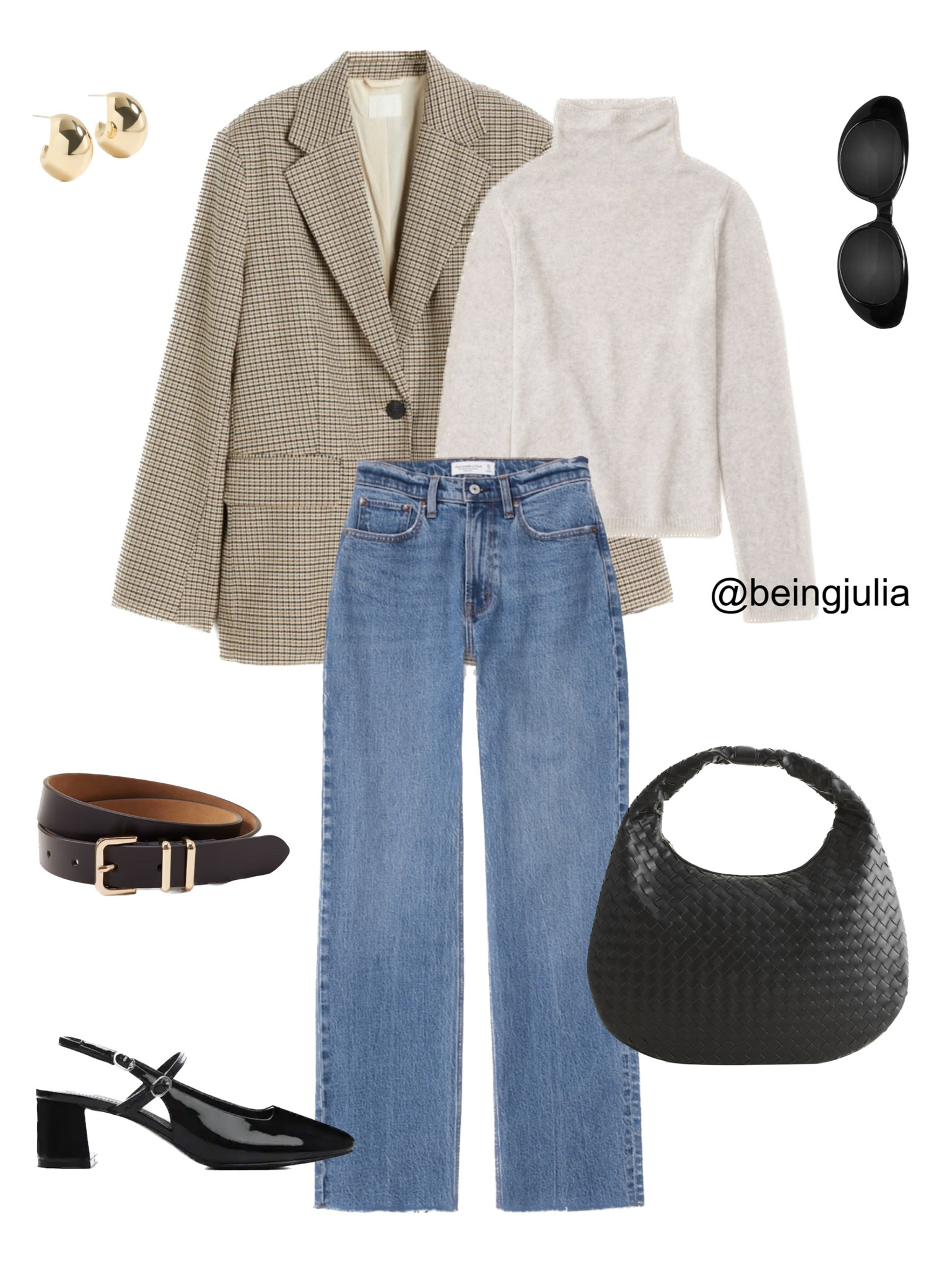 Fall outfit inspiration - details below:
-Oversized plaid blazer from H&M
-Merino wool turtleneck sweater in beige from Abercrombie 
-90s relaxed jeans in a medium wash from Abercrombie 
-Black woven shoulder bag from Abercrombie 
-Black and gold square belt buckle belt from Abercrombie 
-Patent leather block heeled shoes from Mango
-Celine Triomphe 52mm sunglasses in black acetate 
-Gold chunky drop earrings from Shopbop 


#LTKstyletip #LTKFind #LTKSeasonal