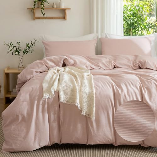 MILDLY Pink Striped Duvet Cover Set - 100% Washed Cotton Pinstriped Comforter Cover with Zipper Closure 80"x90" | Amazon (US)