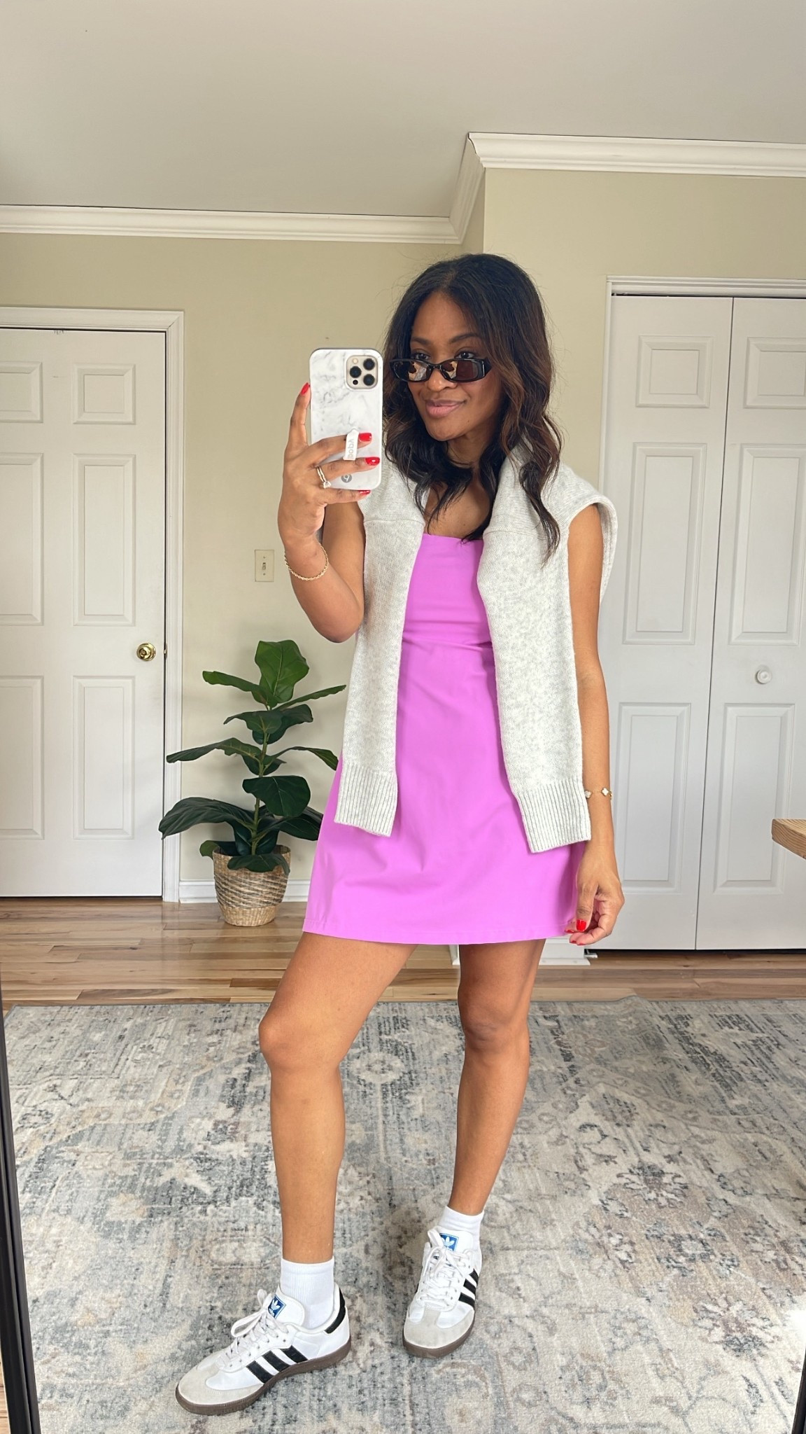 I’m wearing a small in the dress. It comes with built-in biker shorts and pockets. This is true to size. I am 5.5 with a 27 inch inseam. ￼ wearing a medium in the sweater. Size down in the Adidas shoes 1/2 down. ￼

 #ltkfitnessgoals #ltkgrwm #ltkootd