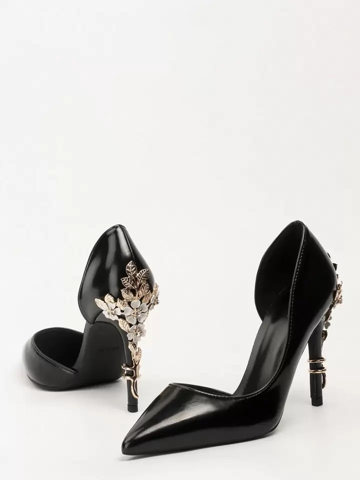 European And American Style Light Luxury Sexy Women's Shoes, Modern Metal Flowers Decor Thin High... | SHEIN