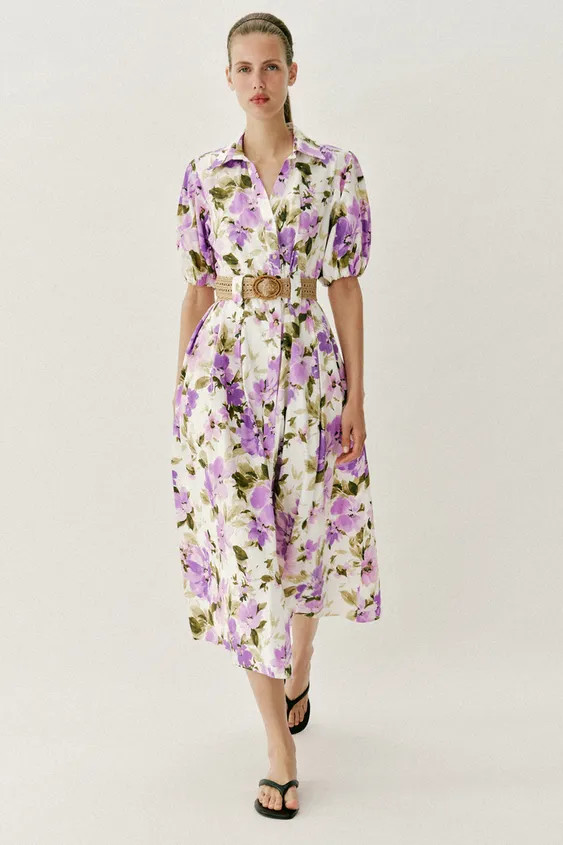 FLORAL PRINT BELTED MIDI DRESS | Zara US