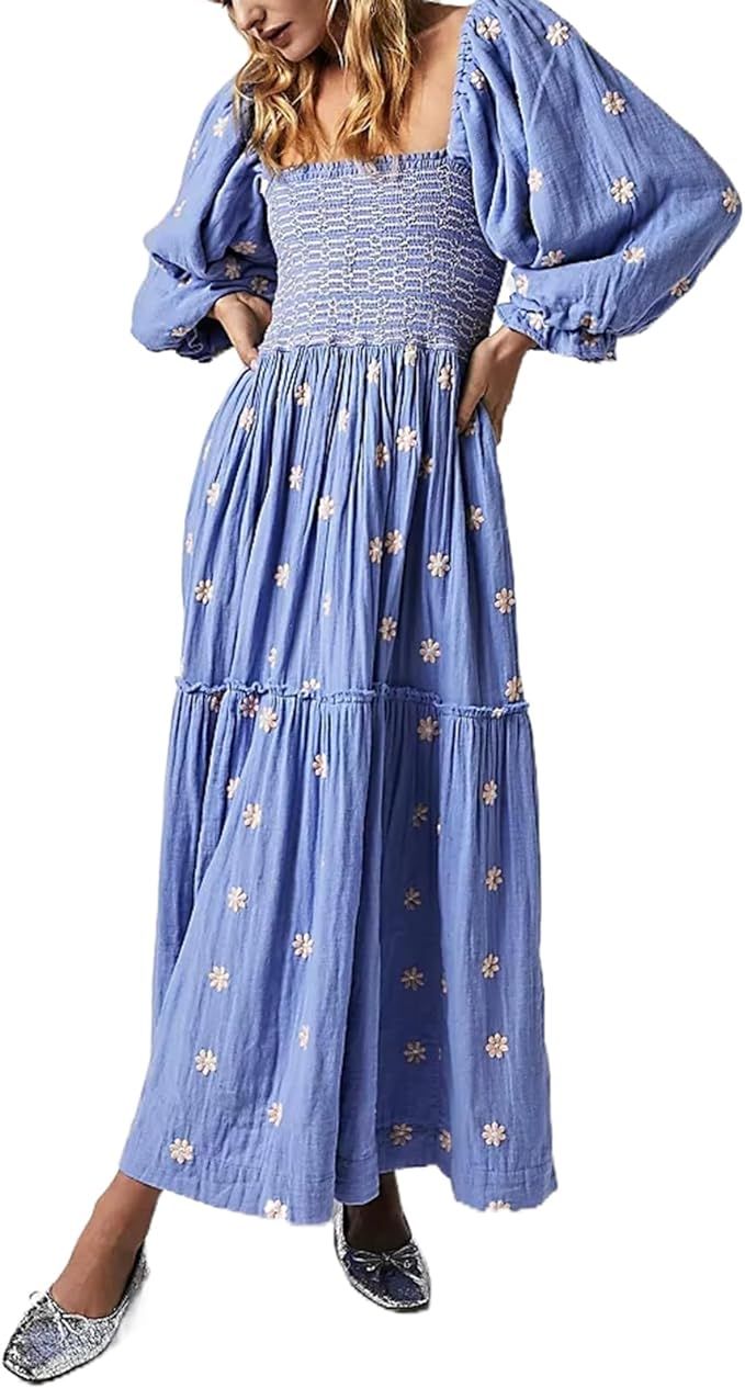 Women's Flower Embroidered Maxi Dress Lantern Sleeve Square Neck Tiered Flowy Spring Fall Dress | Amazon (US)