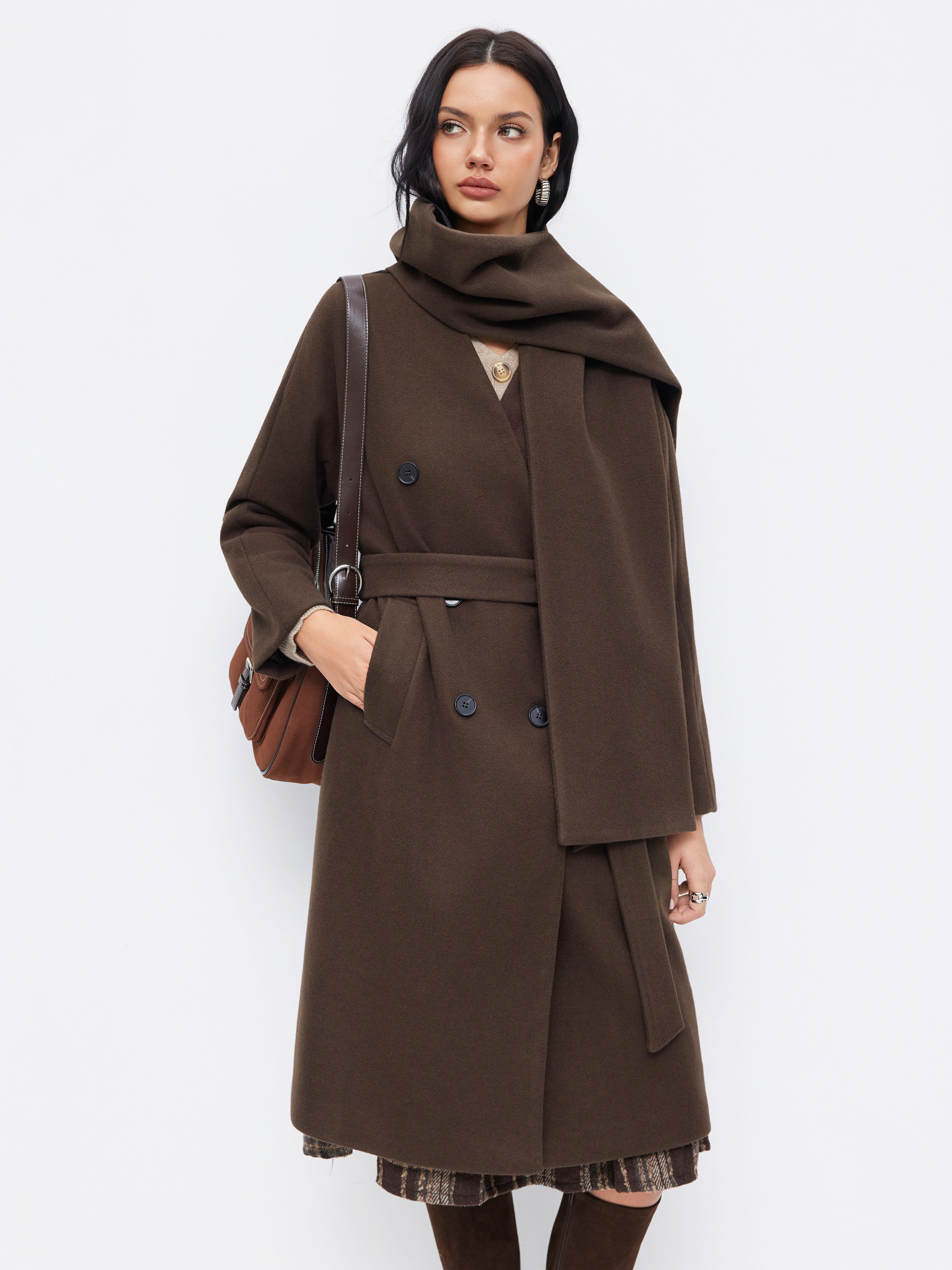 Wollähnliche Stoffe Wollähnlicher V-Ausschnitt Doppelrevers Langmantel mit Gürtel und Schal Fo... | Cider