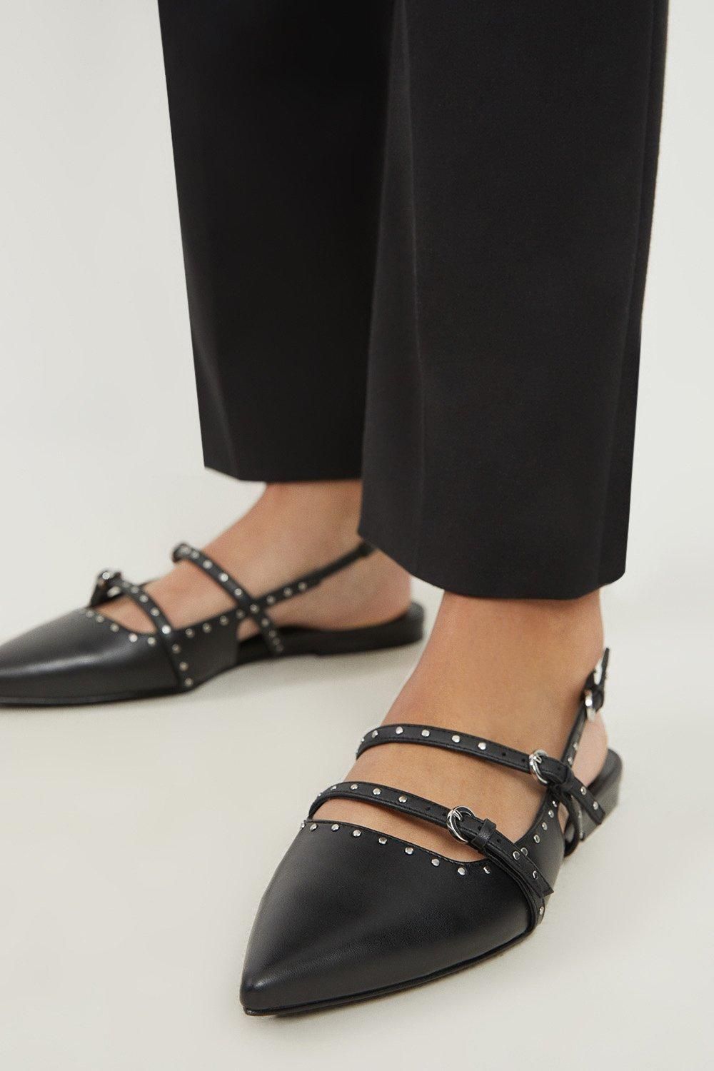 Leather Double Buckle Strap Studded Slingback Pointed Flats | Karen Millen US