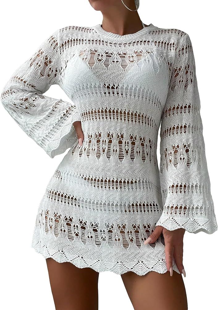 Verdusa Women's Hollow Out Crochet Sheer Long Sleeve Swimsuit Dress Beach Cover Up | Amazon (CA)