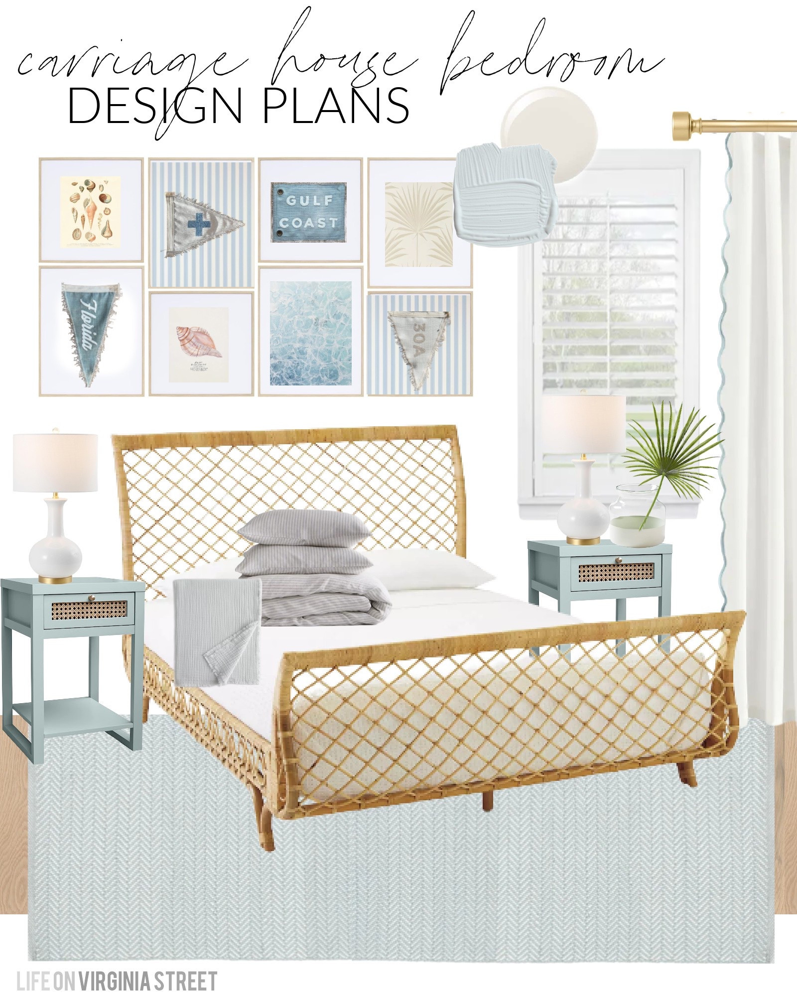 Coastal design plans for our carriage house bedroom! Includes this fun rattan bed, herringbone rug, light blue nightstands, gallery wall frames, pennant flags, coastal art, scalloped drapes, white lamp, fan palm frond, striped linen bedding and more! See all the details here: https://lifeonvirginiastreet.com/carriage-house-bedroom-refresh-plans/ #ltkhome #ltkseasonal #ltksalealert #ltkstyletip #ltkfindsunder50 #ltkfindsunder100 

#LTKHome #LTKSaleAlert #LTKFindsUnder100
