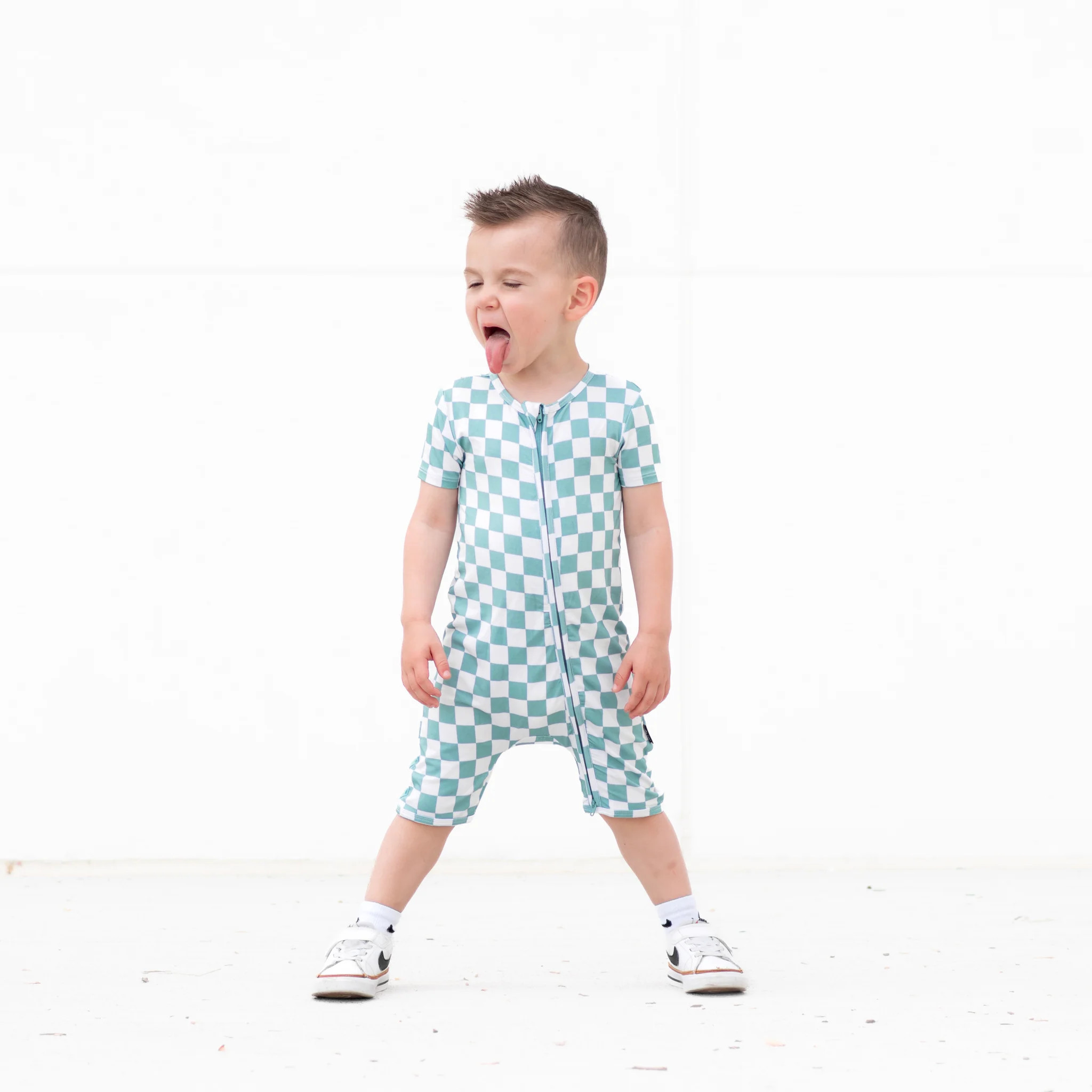 SHORTIE ZIP ROMPER - Sage Check | millie + roo