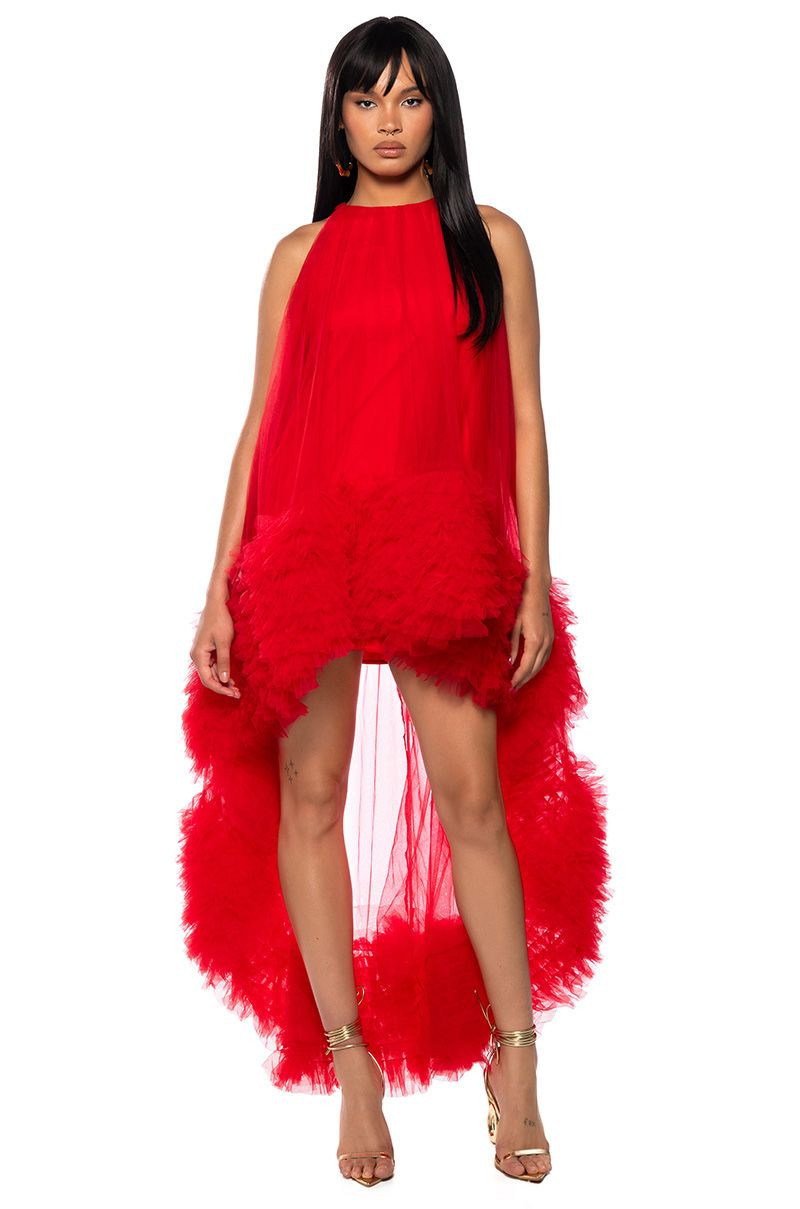 ARI TULLE RUFFLE HIGH LOW MINI DRESS IN RED | AKIRA