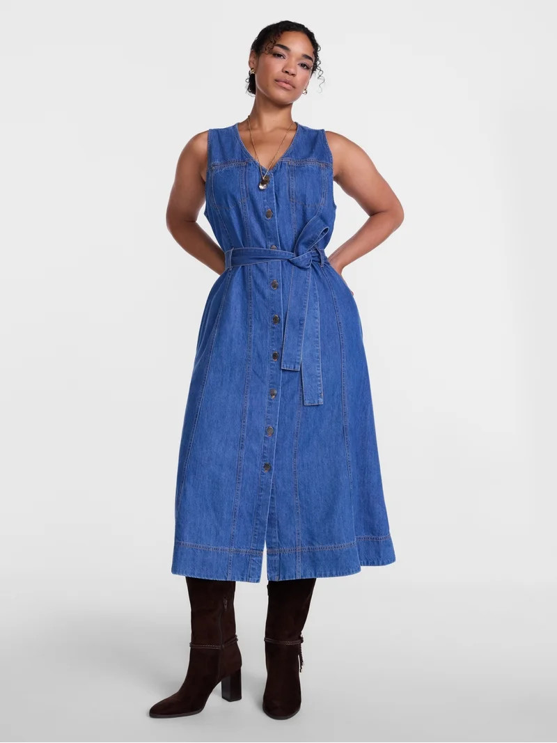 Scenario Women's and Women's Plus Sleeveless Denim Midi Dress, Sizes XS-4X | Walmart (US)