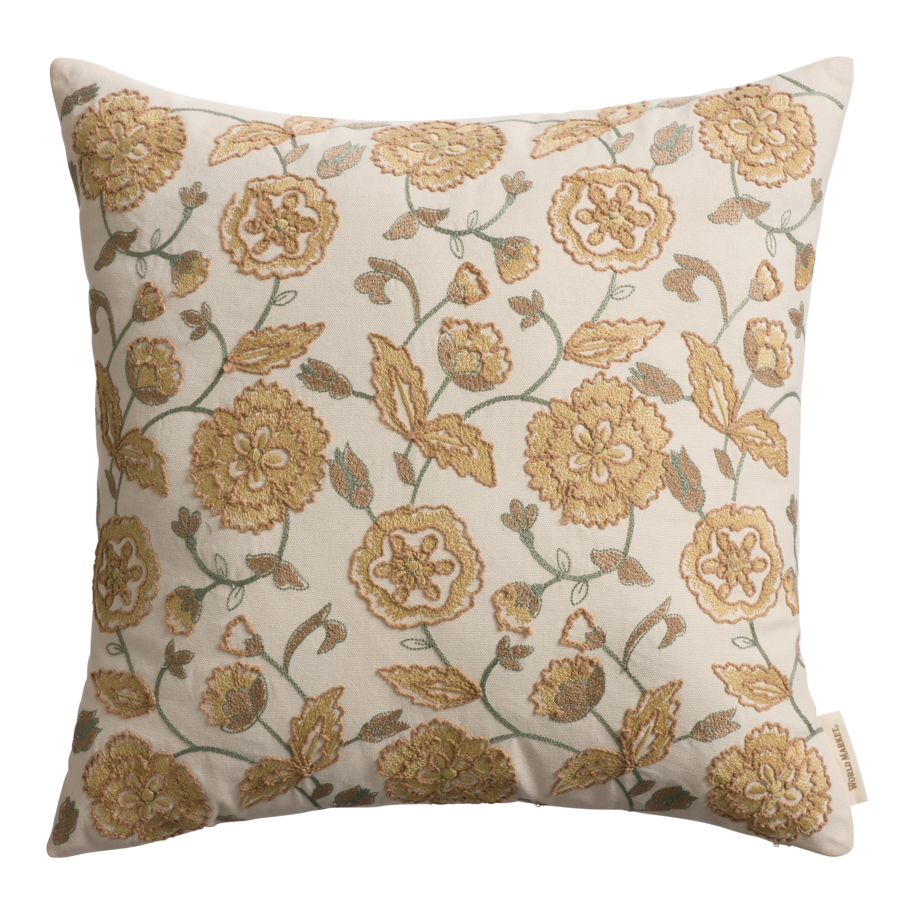 Tan and Sage Scrolling Floral Embroidered Throw Pillow | World Market