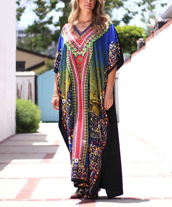 winlar Women's Maxi Dresses Navy - Navy & Red Geometric V-Neck Caftan - Women | Zulily