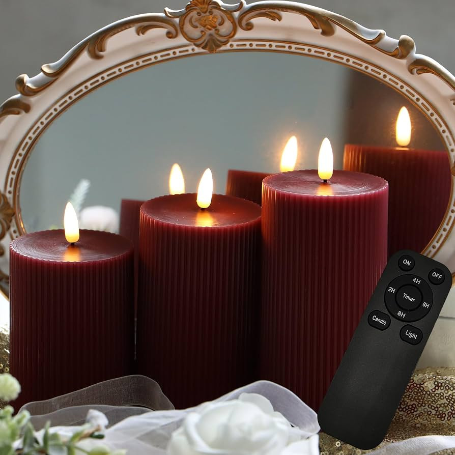 3 Pack Wax LED Flameless Candles with Remote, Burgundy, D 3 x H 4/5/6 inch | Amazon (US)