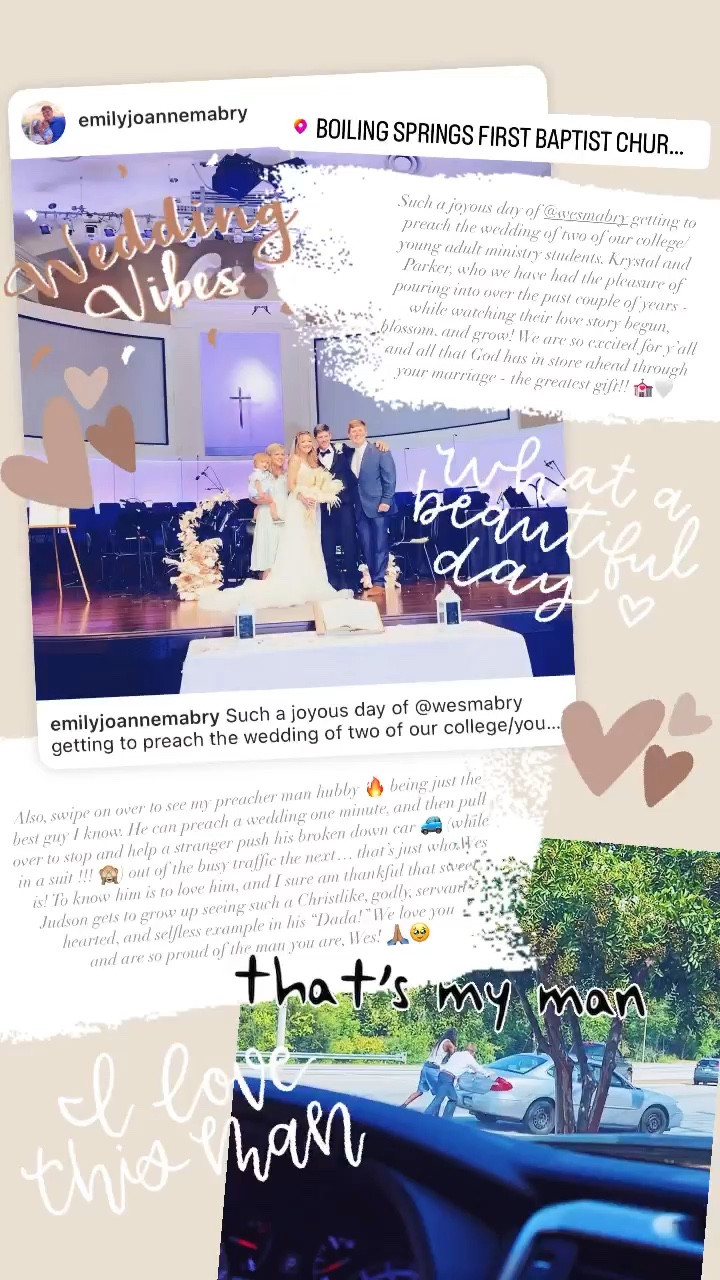Such a joyous day of @wesmabry getting to preach the wedding of two of our college/young adult ministry students, Krystal and Parker, who we have had the pleasure of pouring into over the past couple of years - while watching their love story begun, blossom, and grow! We are so excited for y’all and all that God has in store ahead through your marriage - the greatest gift!! 💒🤍

Also, swipe on over to see my preacher man hubby 🔥 being just the best guy I know. He can preach a wedding one minute, and then pull over to stop and help a stranger push his broken down car 🚙 (while in a suit !!! 🙈) out of the busy traffic the next… that’s just who @wesmabry is! To know him is to love him, and I sure am thankful that sweet Judson gets to grow up seeing such a Christlike, godly, servant-hearted, and selfless example in his “Dada!” We love you and are so proud of the man you are, Wes! 🙏🏽🥹

…

#emcreative✨ #emilymabrycreative #emilymabrycreativeblog #judsoncarpentermabry #emilysayswes #fifteenmonthsold #fifteenmonthold #fifteenmontholdbaby #fifteenmontholdboy #judsonmonthbymonth #sweetjudson #oursweetboy #oneyearold #oneyearoldbaby #oneyearoldbabyboy #endofsummermemories #augustmemories #weddingpreaching #mypreacherman #mypreachermanhubby #liketkit #LTKfamily #LTKbaby #LTKhome @shop.ltk

#LTKbeauty #LTKfamily #LTKbaby