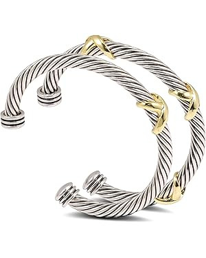 2 Pcs Cuff Bracelet for Women Cable Wire Bracelet - Two Tone Twisted Bangle Bracelet - Silver Cuf... | Amazon (US)