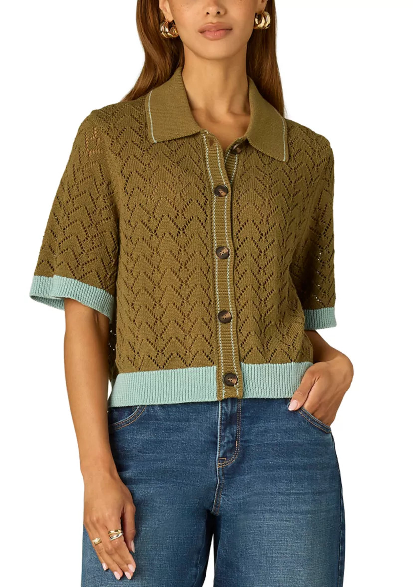 Women's Short Sleeve Tipped Button Front Polo Cardigan | Belk