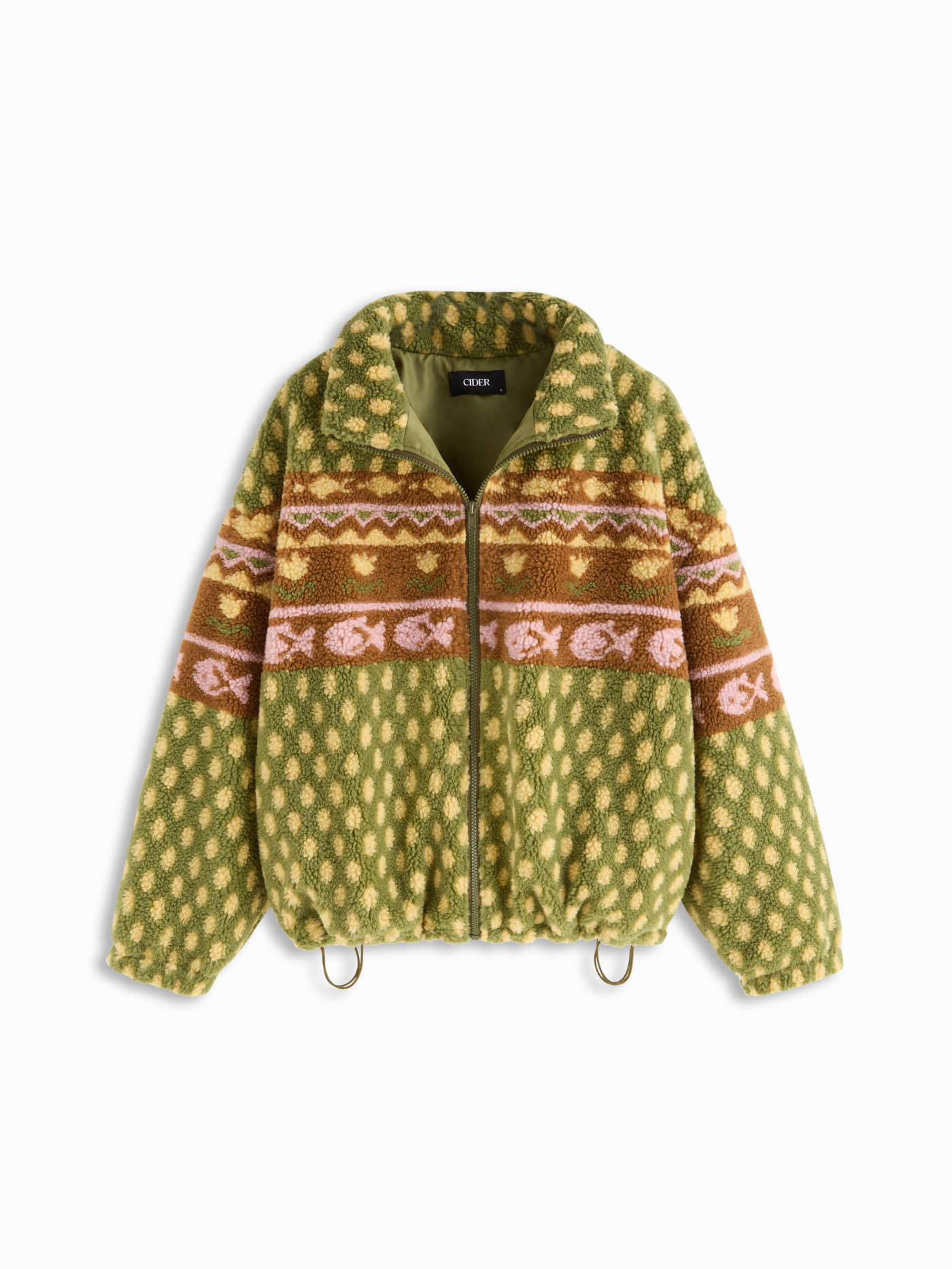 Fleece Fleece Floral Drawstring Zip Up Jacket For Daily Casual | Cider