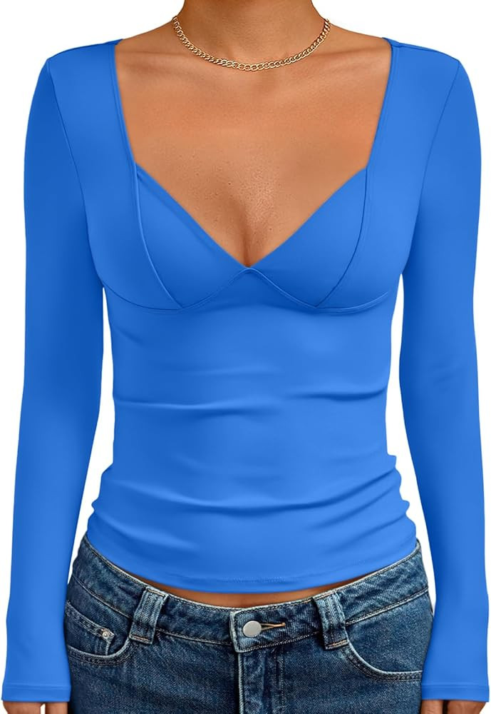 Trendy Queen Going Out Tops for Women Trendy Long Sleeve Shirts Fashion Clothing V Neck Basic Y2K... | Amazon (US)
