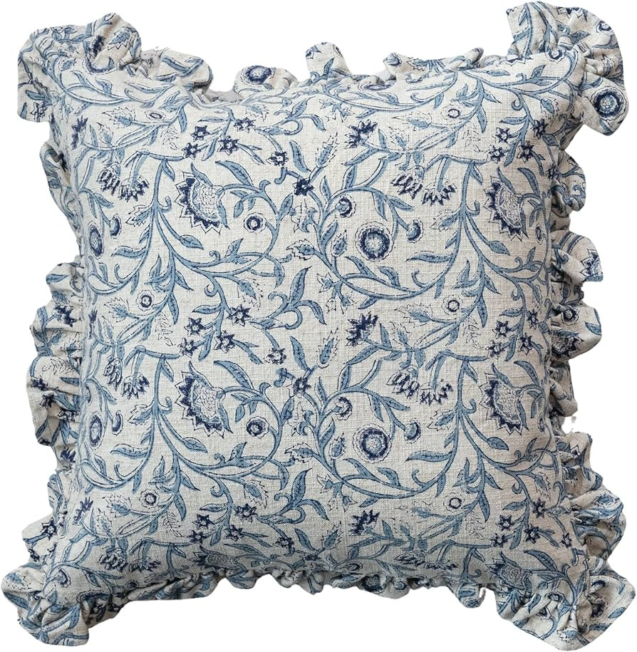 Creative Co-Op Square Floral Cotton Blend Pillow, Blue | Amazon (US)