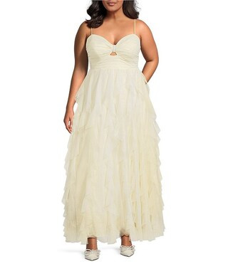 Plus Size Glitter Mesh Sweetheart Neck Spaghetti Strap Keyhole Cork Screw Ruffle Dress | Dillard's