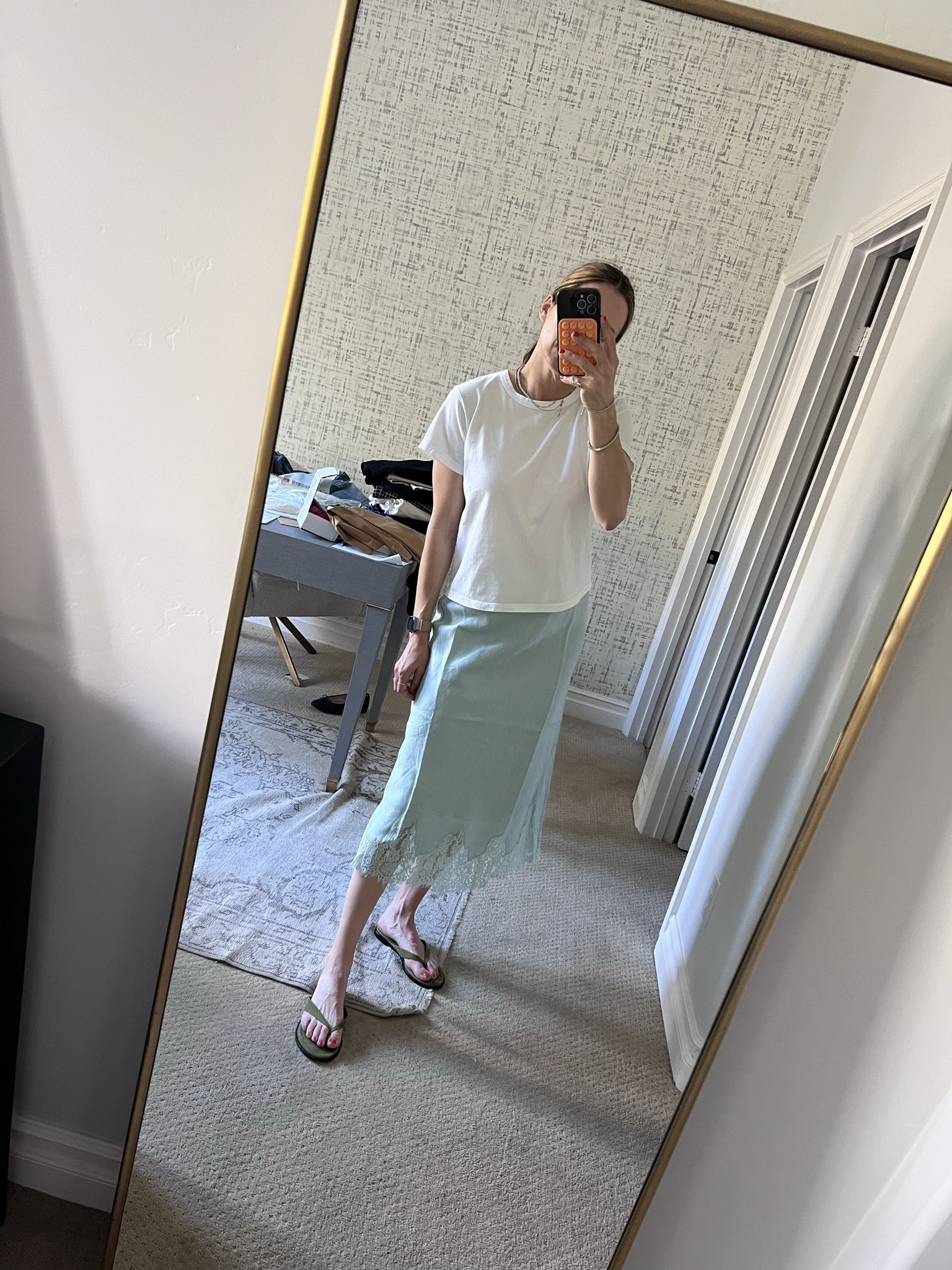 Cool girl style, midi skirt, lace trim, lace skirt, flip flop style, perfect white tee, reformation style

#LTKootd