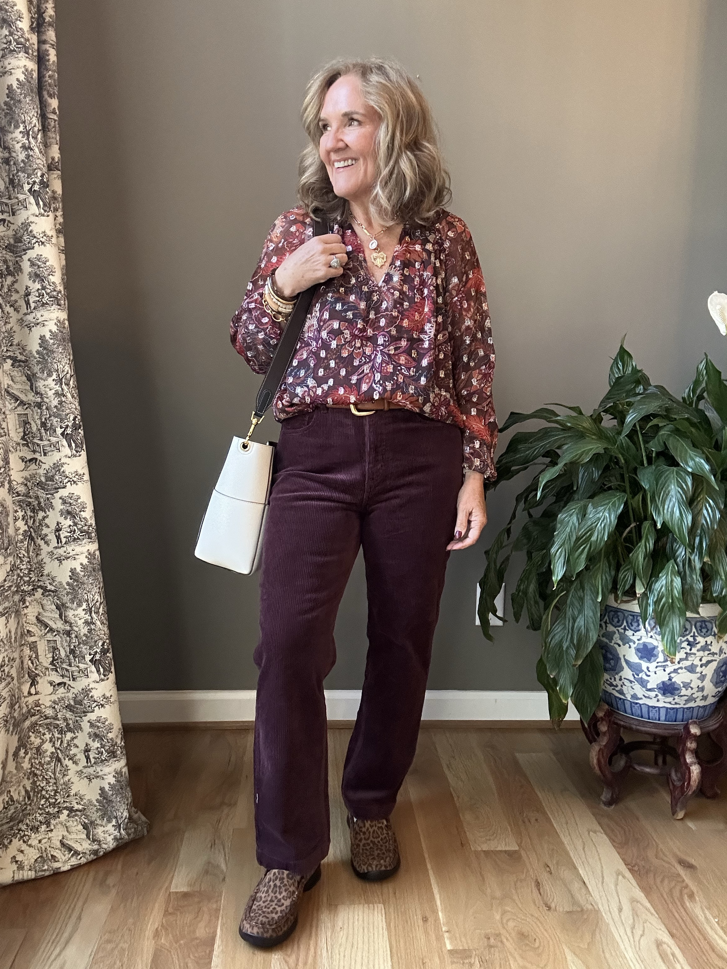 Loft sale! Love their corduroys. I wear my smaller size. This blouse has a gold metallic thread in it. Would be perfect for Thanksgiving day, and just a pretty little sparkle throughout holiday.

My new leather bucket bag is top quality comes with two straps and an insert that can be worn separately 

My cheetah fabric loafers are super comfortable as we would expect. Size down unless you wear a thicker sock. 

20% off my bracelets with code NANETTE20
LOFT sale corduroy leather bucket bag

#LTKFindsUnder100 #LTKOver40 #LTKMidsize