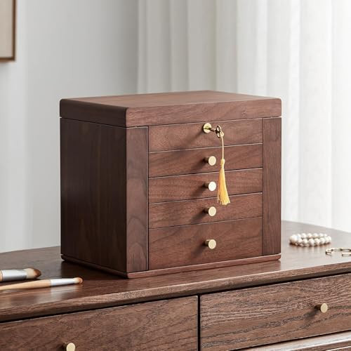 Black Walnut Wooden Jewelry Box, Wood Jewelry Organizer with 2 Side Doors Mirror Lockable Classic... | Amazon (US)