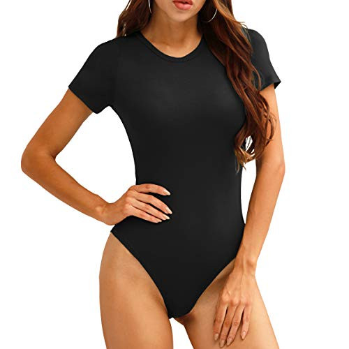 LAOLASI Round Neck short sleeves Slim Fit Casual Basic Soft Bodysuit Daily Romper T Shirts for Women, Black, XX-Large | Amazon (US)