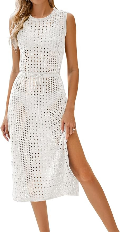 Uvog Womens Crochet Swim Cover Up Long Sexy Sleeveless Beach Swimsuit Coverup Dress | Amazon (US)