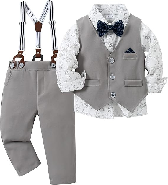 Toddler Baby Boy Clothes Suit 5Pcs Gentleman Wedding Outfit Dress Shirt+Vest+Bow Tie+Suspender Pa... | Amazon (US)