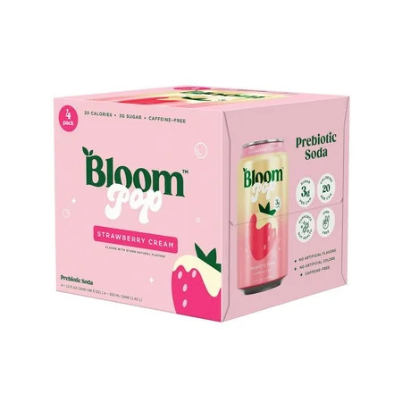 Bloom Pop Strawberry Cream Prebiotic Soda Pop, 12 fl oz, 4 Pack Cans | Walmart (US)