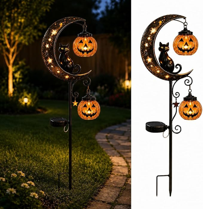 Halloween Black Cat & Pumpkin Moon Solar Garden Stake Light | Waterproof Half Moon LED Pathway Li... | Amazon (US)