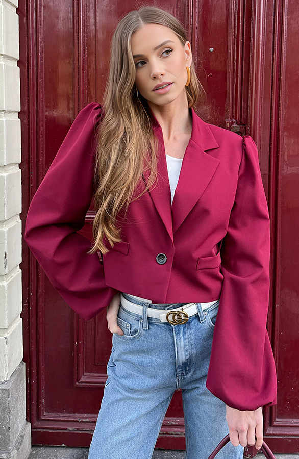 Flared Blazer Met Pofmouwen Bordeaux | Fashionmusthaves.nl | The Musthaves (NL)