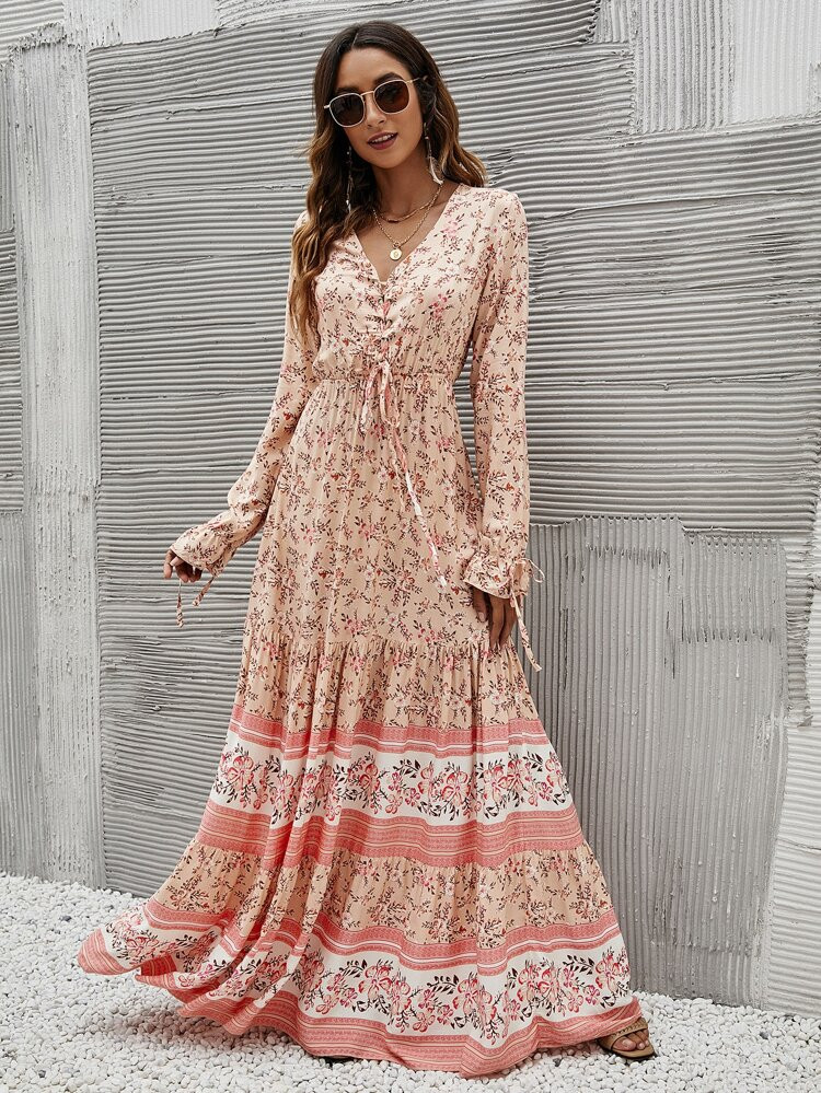 Floral Grommet Eyelets Lace Up Ruffle Hem Dress | SHEIN