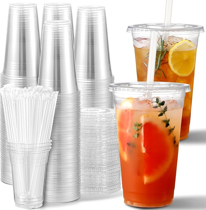AOZITA [100 Sets] 20 oz Clear Plastic Cups With Lids and Straws, Iced Coffee Cups Disposable Cups... | Amazon (US)