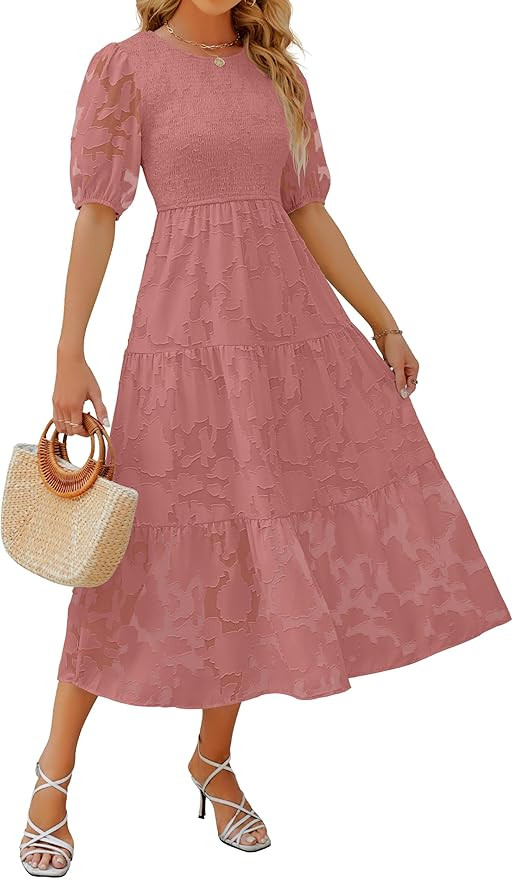 ZESICA Women's 2026 Summer Short Puff Sleeve Crewneck Smocked Floral Lace Flowy A Line Tiered Max... | Amazon (US)