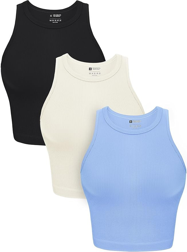 OLCHEE Womens 3 Pack Crop Tank Tops Basic Seamless Ribbed Round High Neck Racerback Workout Top S... | Amazon (US)