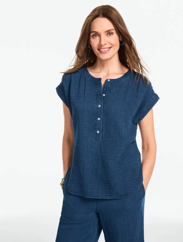 Gauze Band Collar Popover - Indigo | Talbots