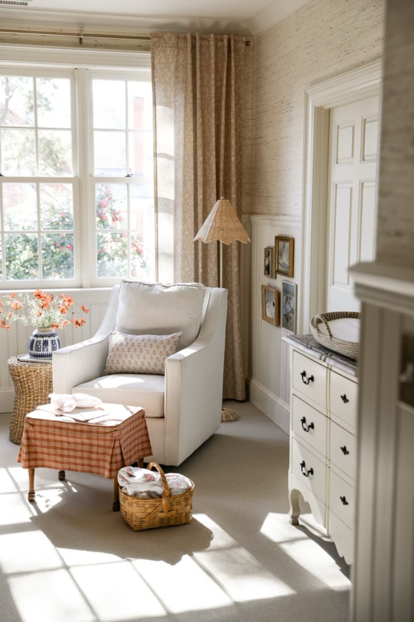 Baby girl nursery, nursery design, grasscloth wallpaper, rattan light, swivel glider chair, tongue and groove, patterned curtains

#LTKbaby #LTKhome