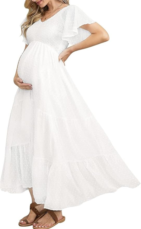 Swiss Dot Maternity Dress, V Neck Ruffle Sleeve Maternity Dresses for Photoshoot Baby Shower, Smo... | Amazon (US)