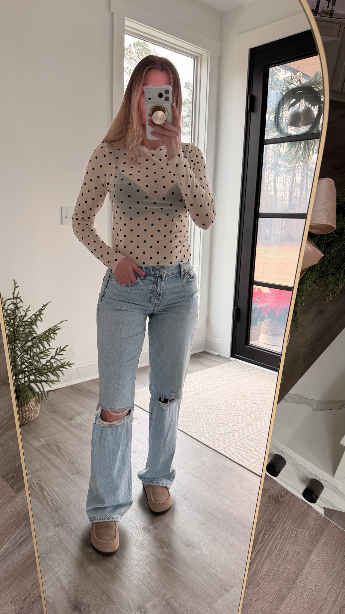 Cute outfit idea with the cutest sheer polka dot top, favorite high waist wide leg jeans and suede clogs. Perfect look for date night, clean girl style with a sprinkle of flirty and edgy vibes yet still a casual outfit. 

Mesh top, sheer tops, winter outfit idea, Christmas party outfit, fall nails, suede shoes, Birkenstock clogs, the look for less, best bra, t-shirt bra, black and white outfit casual holiday outfit 

#LTKHoliday #LTKGiftGuide #LTKootd