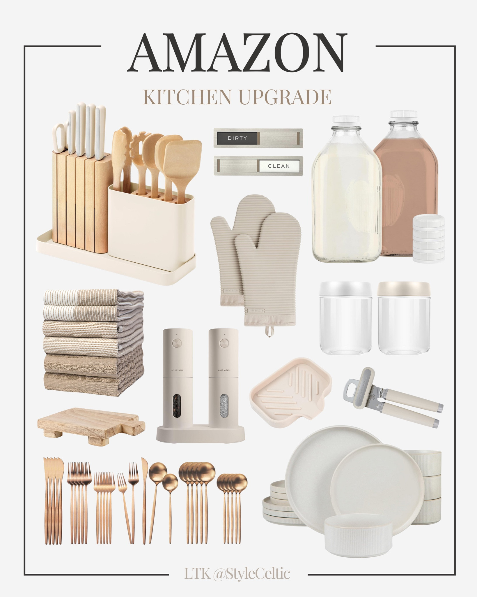 Amazon Beige Kitchen ✨
.
.
Amazon kitchen decor, kitchen finds, kitchen favorites, beige kitchen, gold utensils, white dinnerware set, clear jars, kitchen organization, pantry organization, kitchen organizers, kitchen aesthetic, kitchen towels, gold kitchen, white and gold kitchen, knife set, bridal shower gifts, home decor, home essentials, neutral home, minimalist home, fridge organization, light kitchen decor, gift guide, Mother’s Day gifts, gifts for her, kitchen upgrade, kitchen renovation, LTKHOME, home favorites, home design, interior design, white and beige decorr

#LTKFamily #LTKStyleTip #LTKHome
